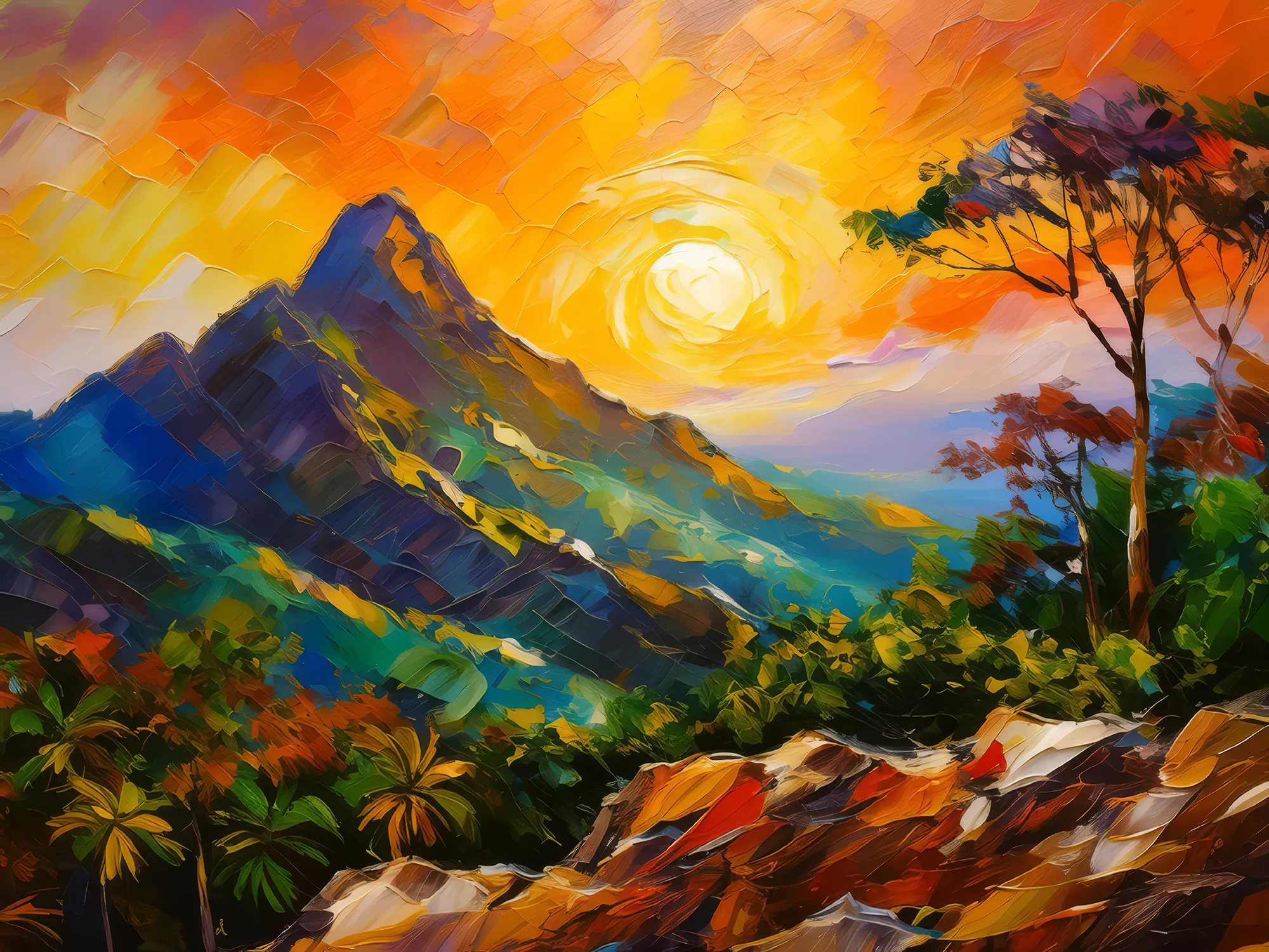 Painting: Golden Sunset Mountain Scene