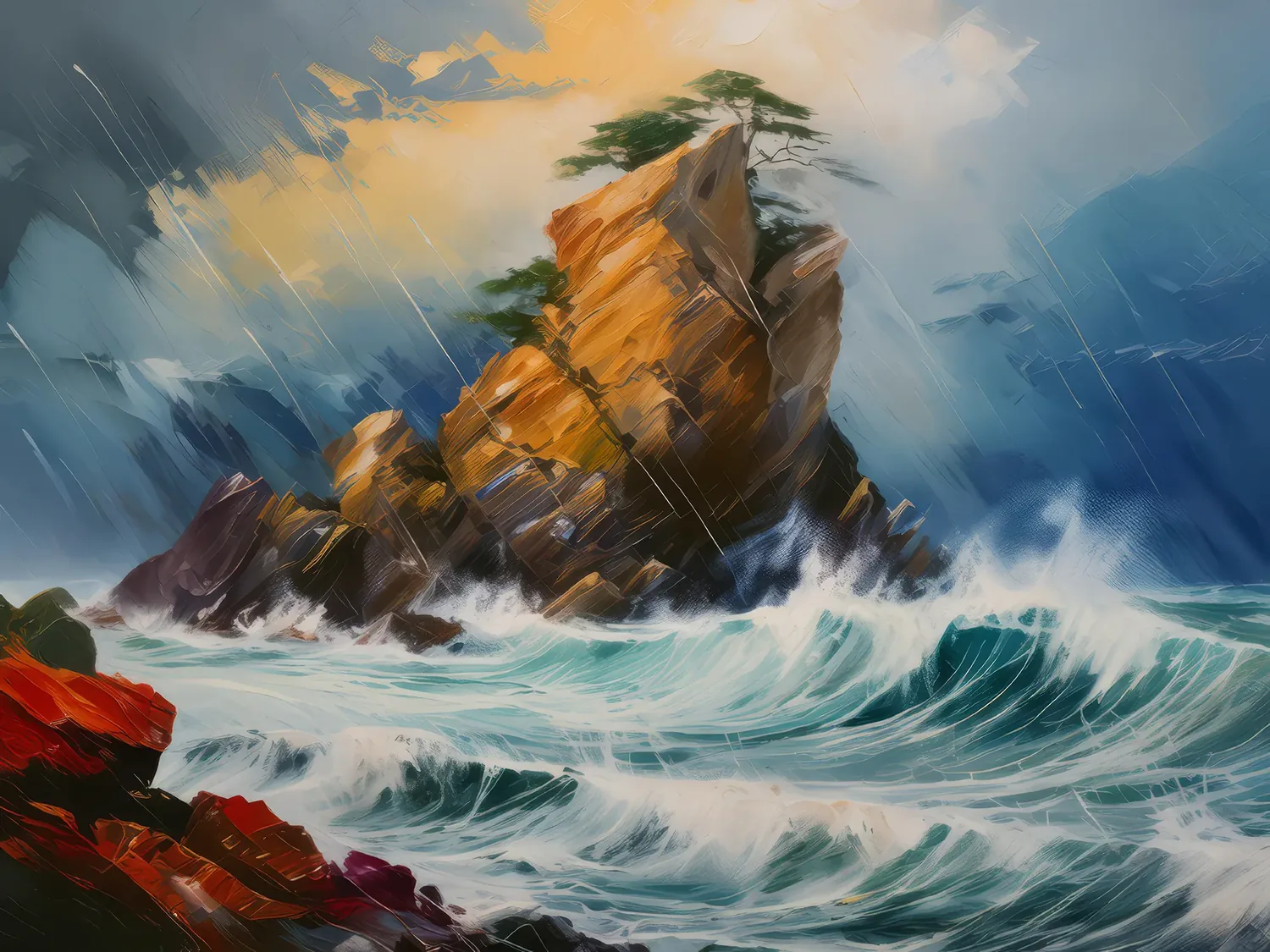 Painting: Defiant Crag Amidst Nature’s Fury