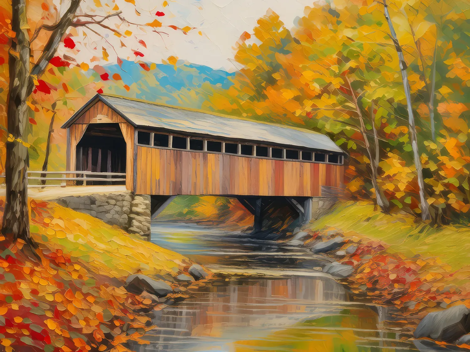 Painting: Old Covered Bridge in Fall