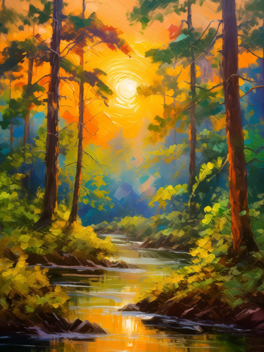 Painting: Sunset Through Forest Canopy