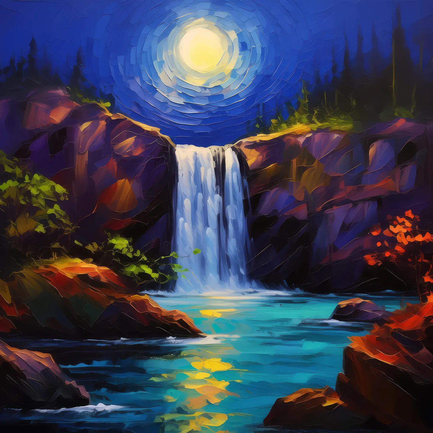 Painting: Waterfall in Moonlit Night