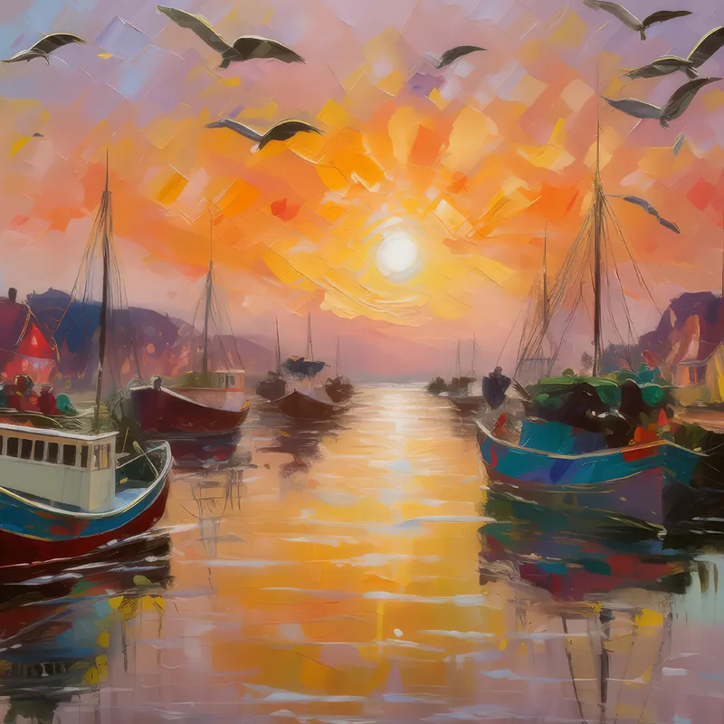 Painting: Busy Harbor at Sunrise