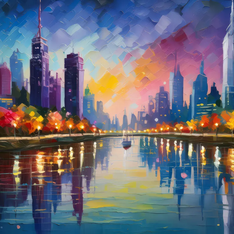 Painting: Cityscape Reflection in River