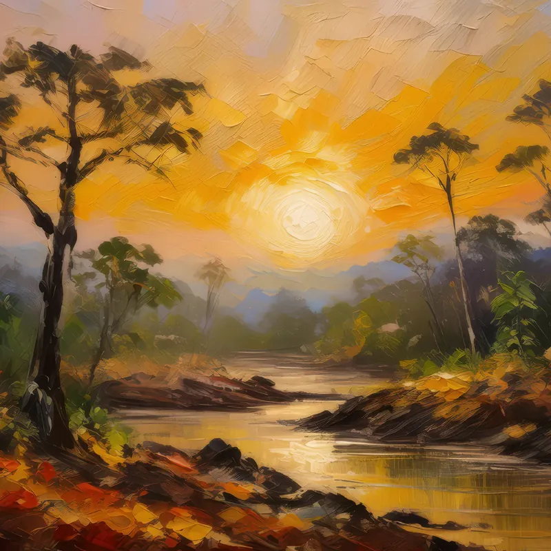 Painting: Dry Forest Sunrise View