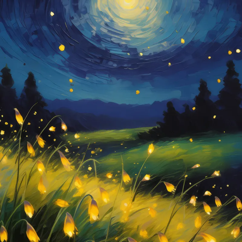 Painting: Fireflies at Dusk in Grassland