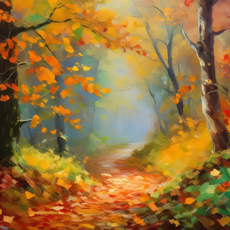 Painting: Misty Forest Path in Autumn