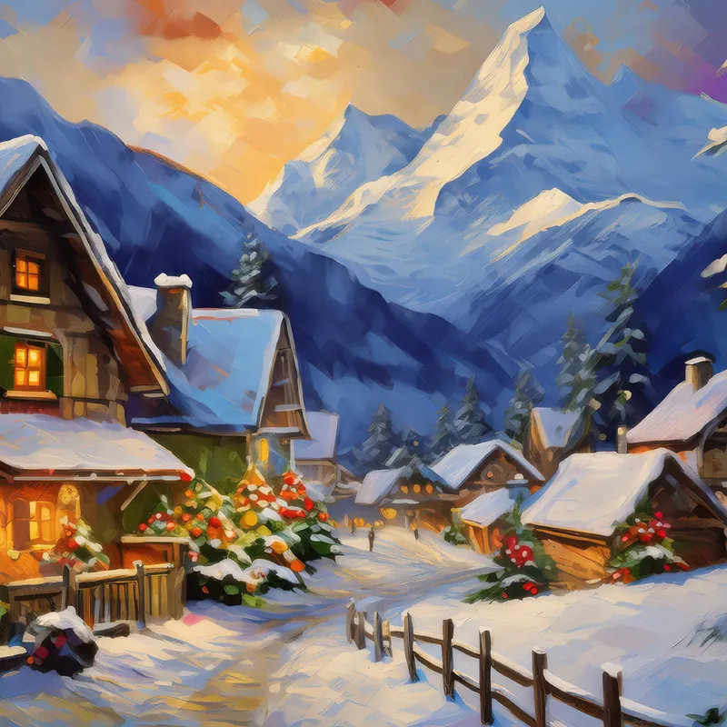 Painting: Snowy Alpine Village