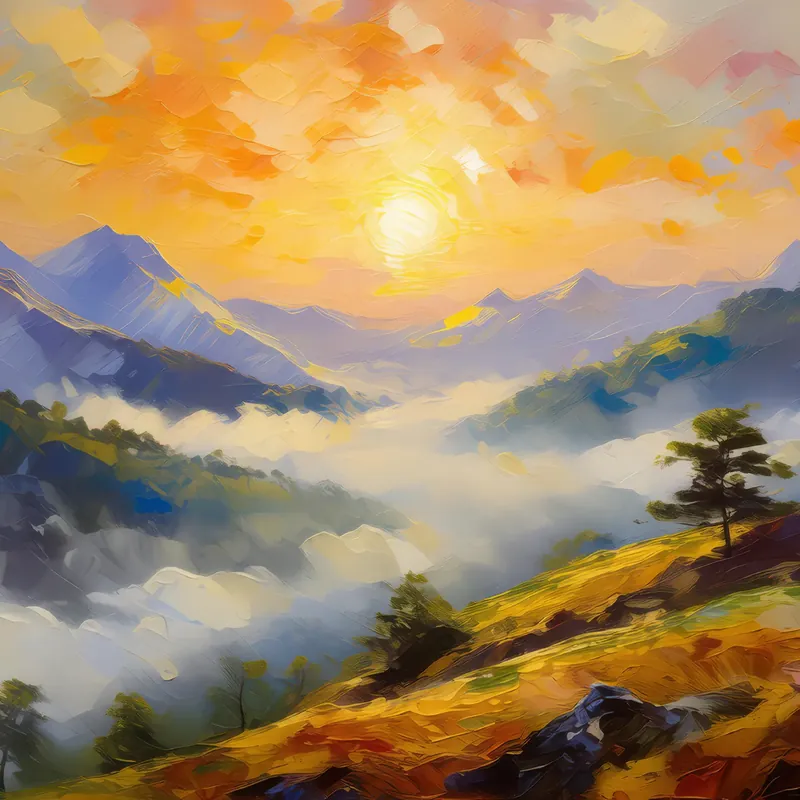 Painting: Sunrise Over Misty Mountains